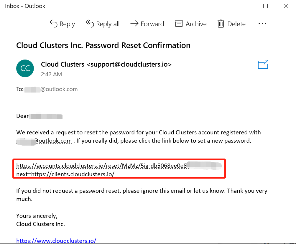 Cloud Clusters password reset confirmation